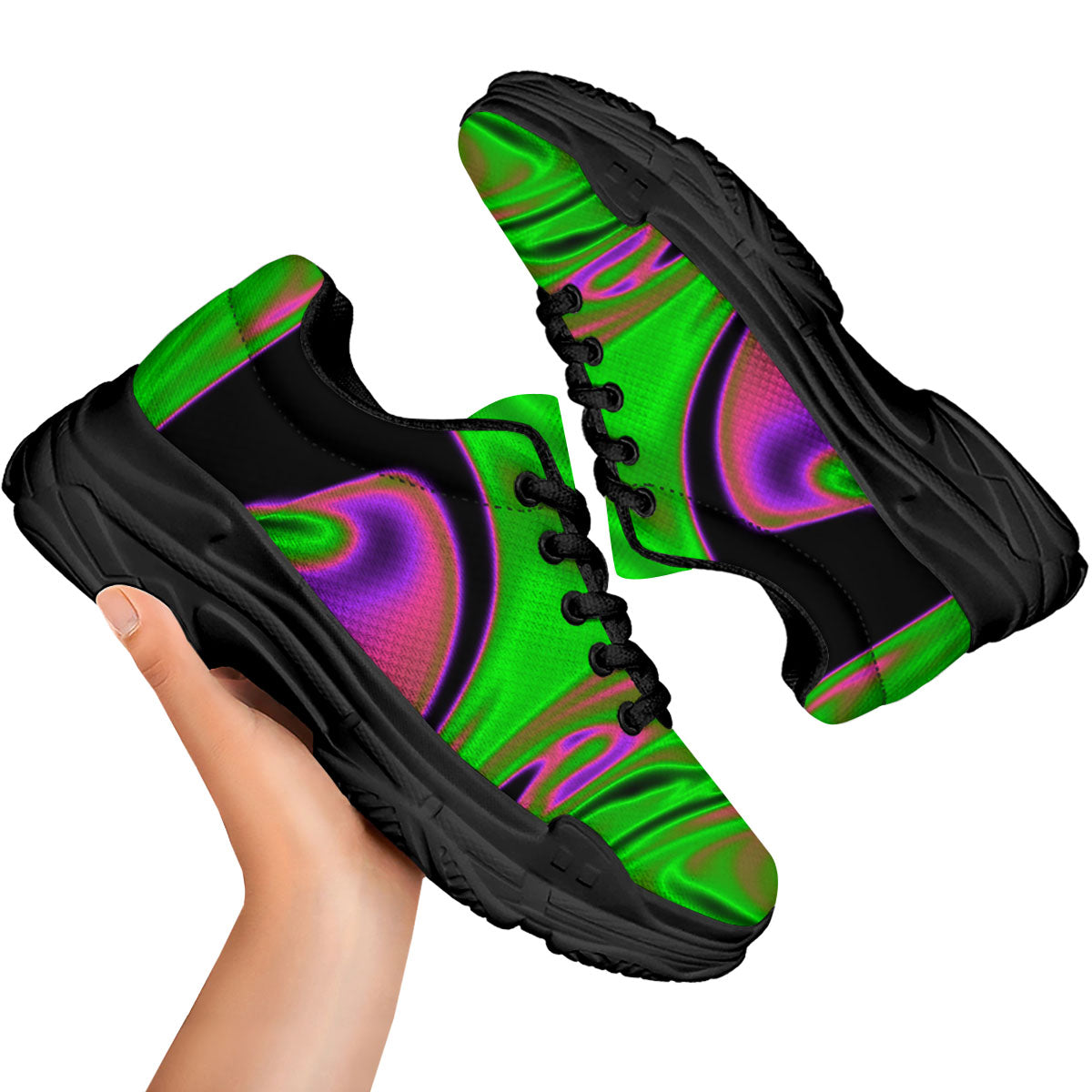 Liquid Trippy Green Abstract Print Black Chunky Shoes-grizzshop