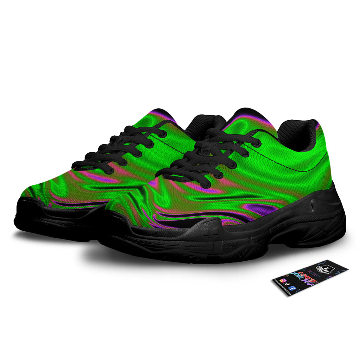 Liquid Trippy Green Abstract Print Black Chunky Shoes-grizzshop