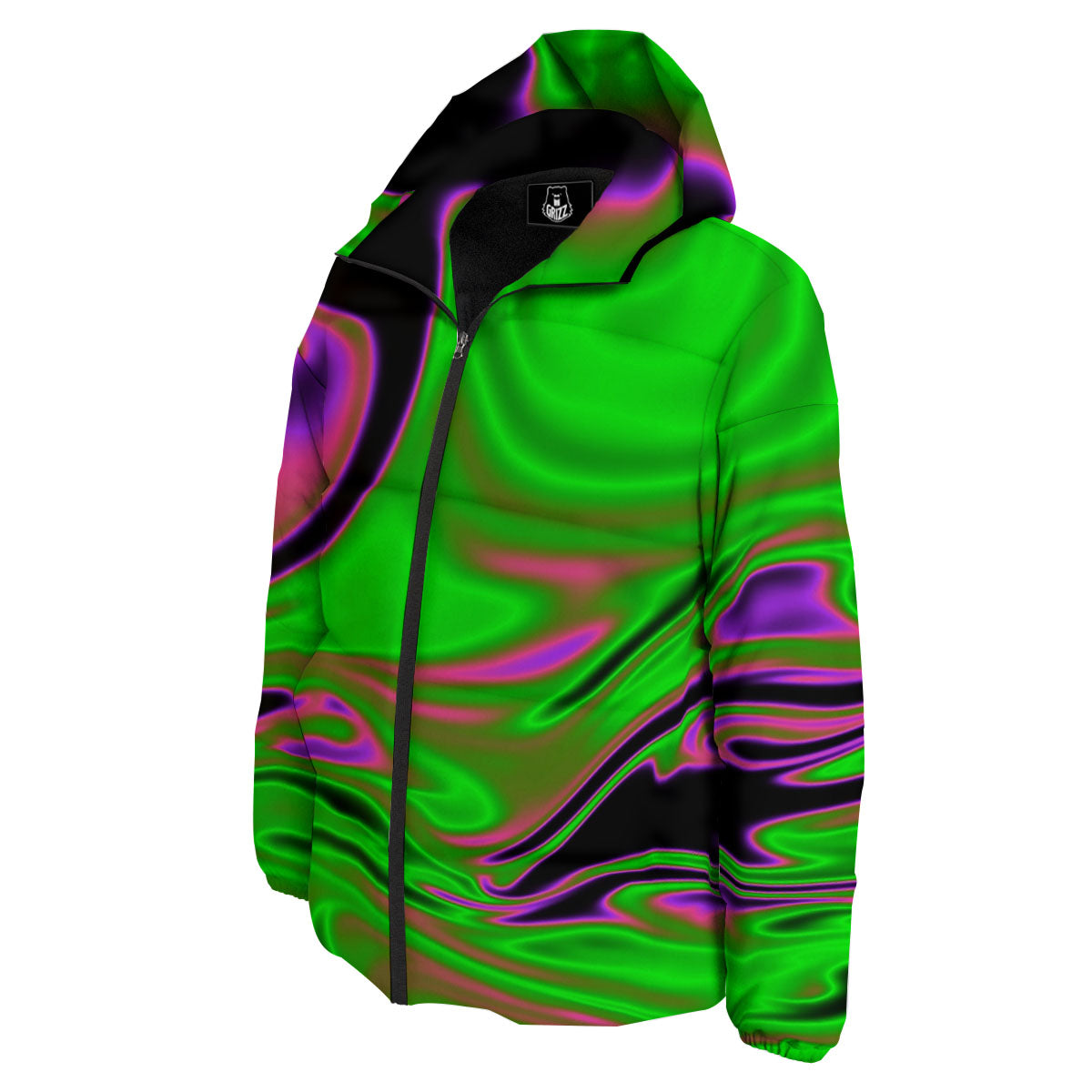 Liquid Trippy Green Abstract Print Down Jacket-grizzshop