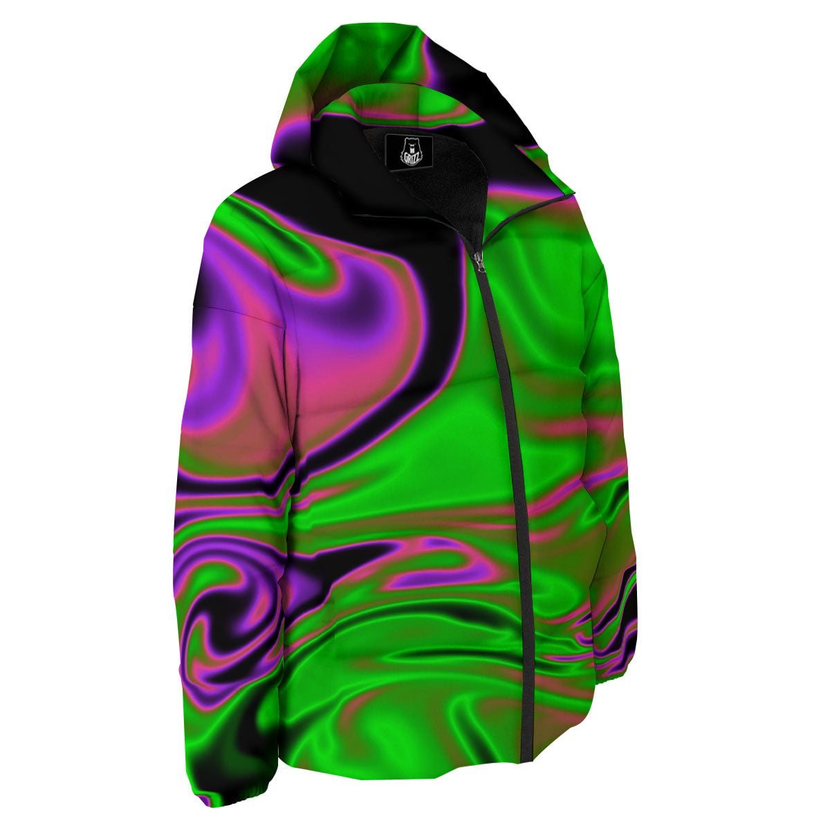Liquid Trippy Green Abstract Print Down Jacket-grizzshop