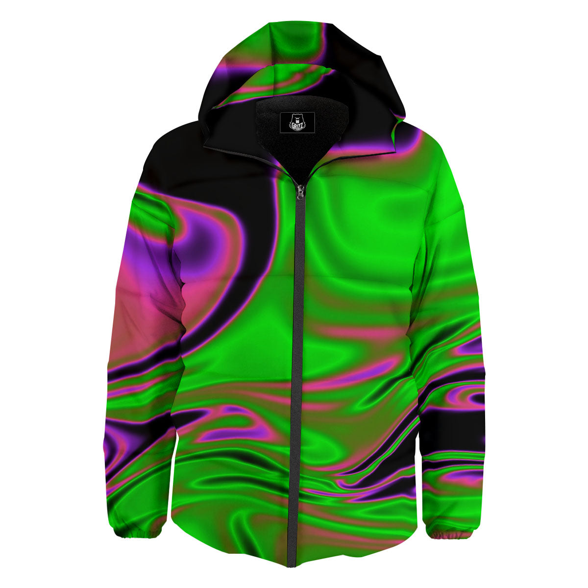 Liquid Trippy Green Abstract Print Down Jacket-grizzshop