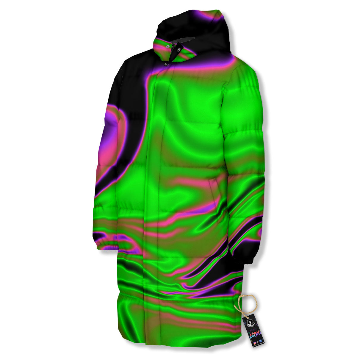 Liquid Trippy Green Abstract Print Long Down Jacket-grizzshop