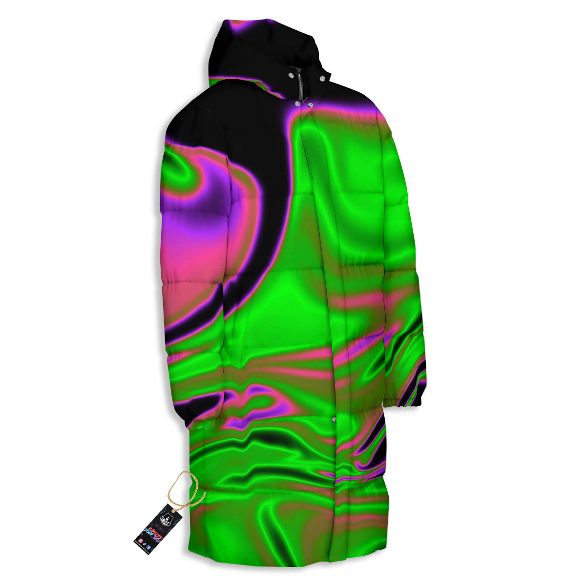 Liquid Trippy Green Abstract Print Long Down Jacket-grizzshop