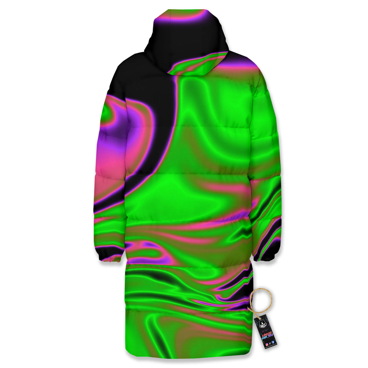 Liquid Trippy Green Abstract Print Long Down Jacket-grizzshop