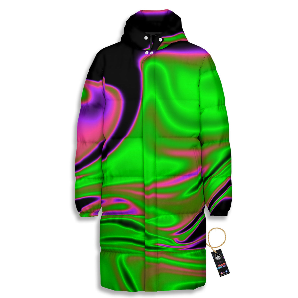 Liquid Trippy Green Abstract Print Long Down Jacket-grizzshop