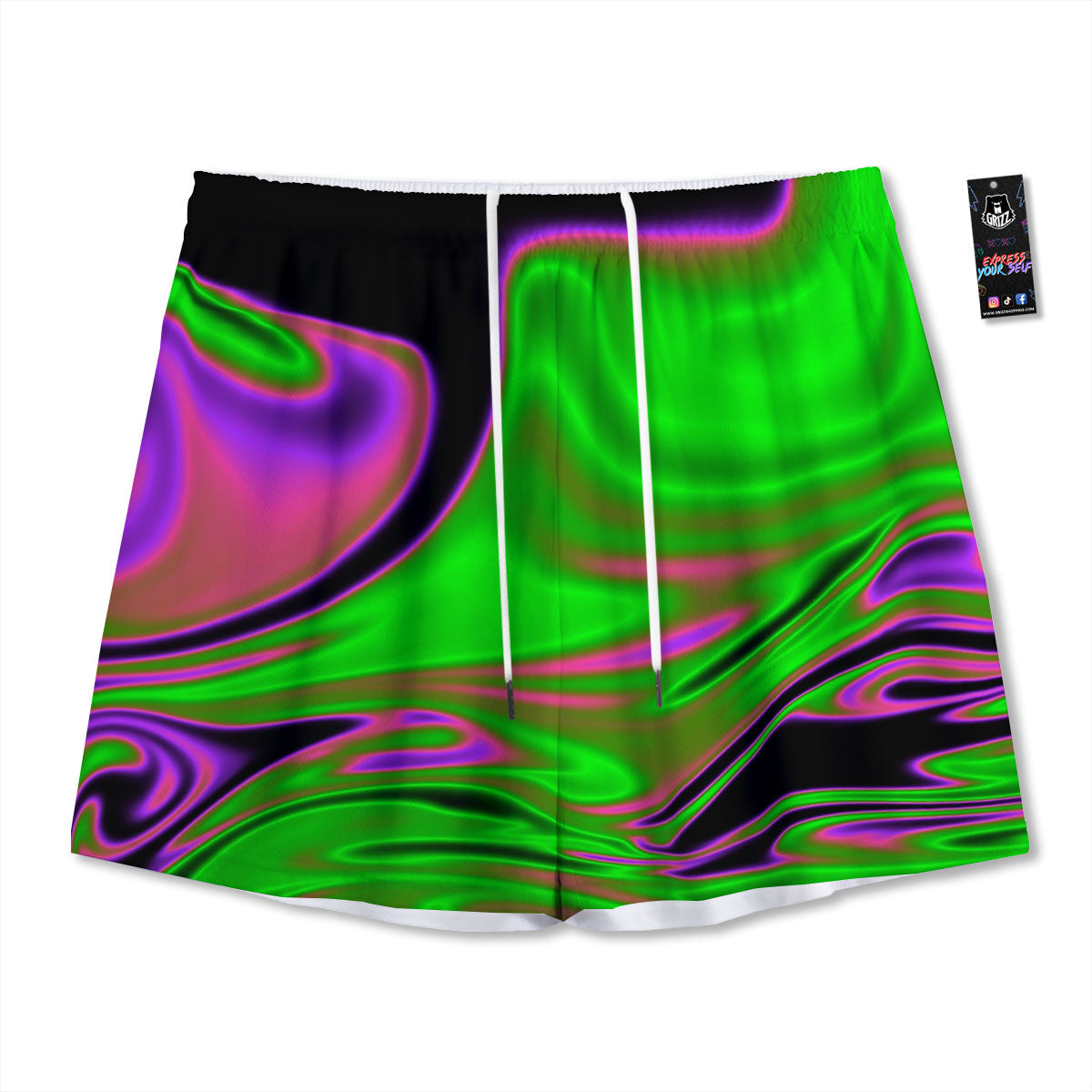 Liquid Trippy Green Abstract Print Mesh Shorts