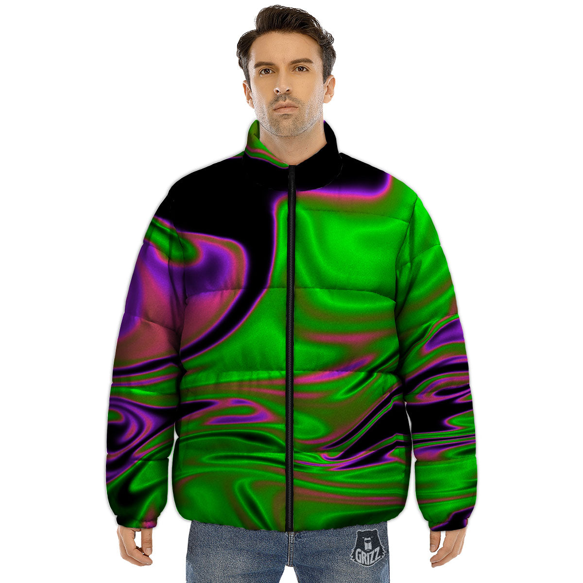 Liquid Trippy Green Abstract Print Puffer Jacket-grizzshop