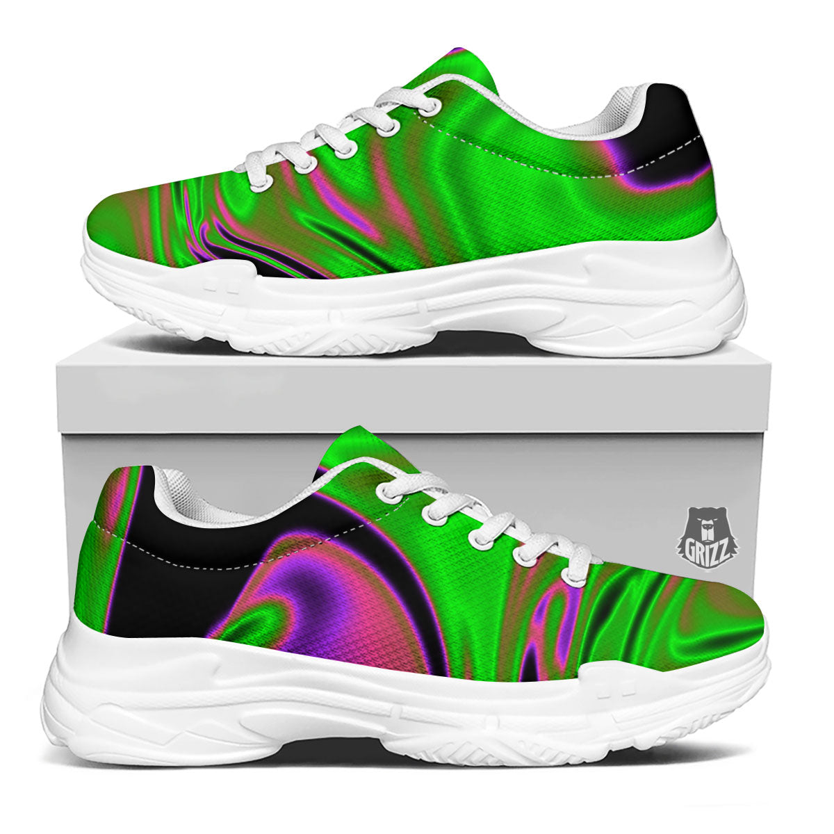 Liquid Trippy Green Abstract Print White Chunky Shoes-grizzshop