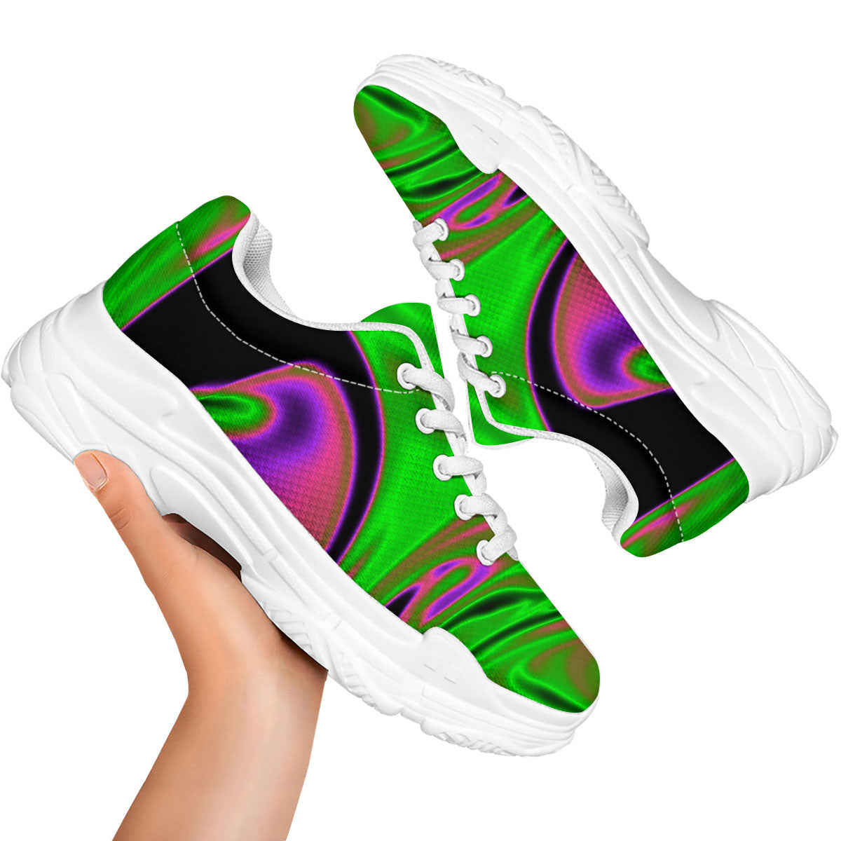 Liquid Trippy Green Abstract Print White Chunky Shoes-grizzshop
