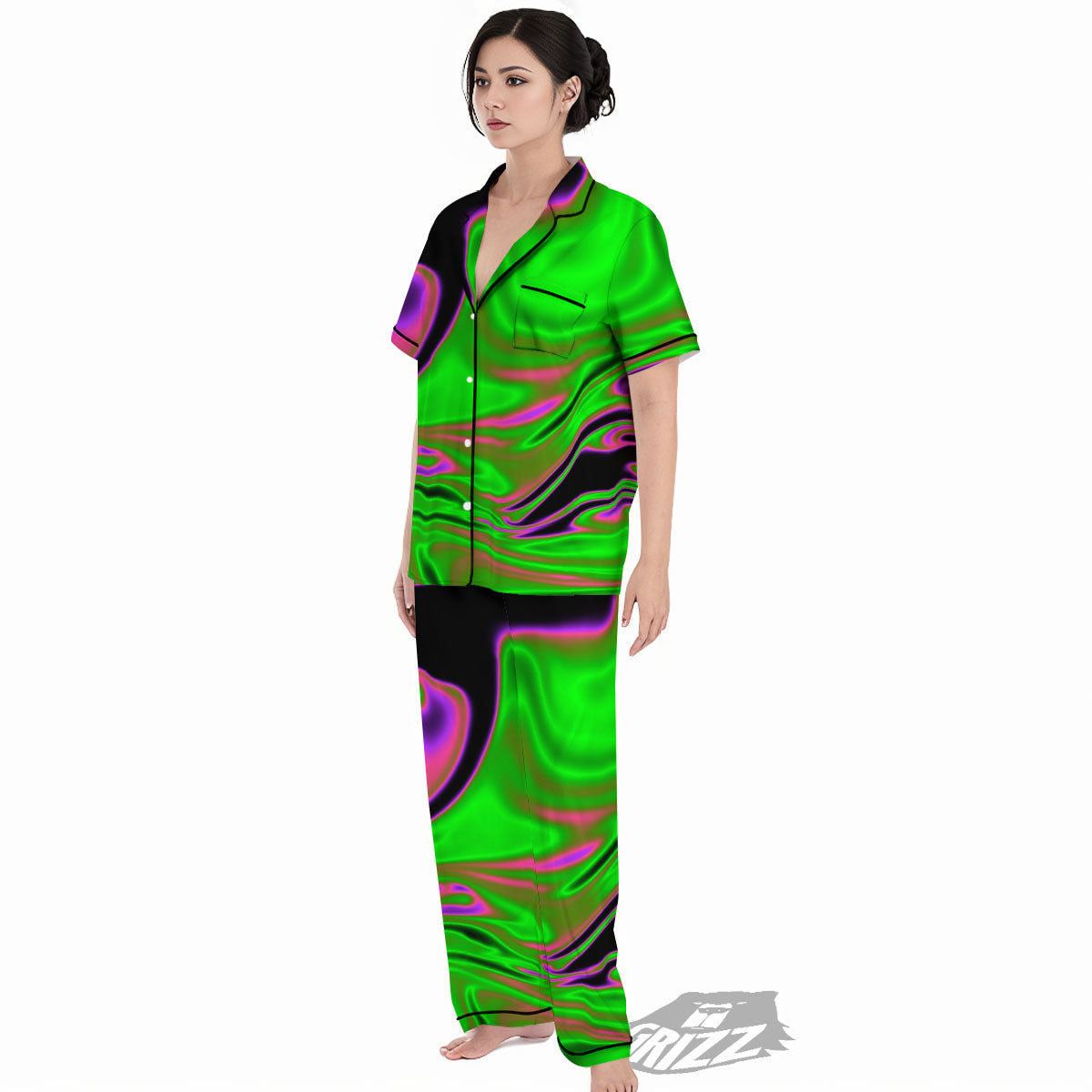 Liquid Trippy Green Abstract Print Women's Pajamas Set-grizzshop