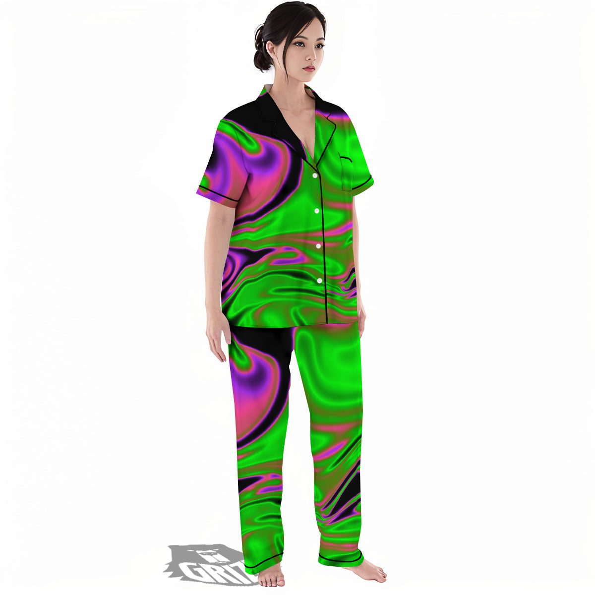 Liquid Trippy Green Abstract Print Women's Pajamas Set-grizzshop