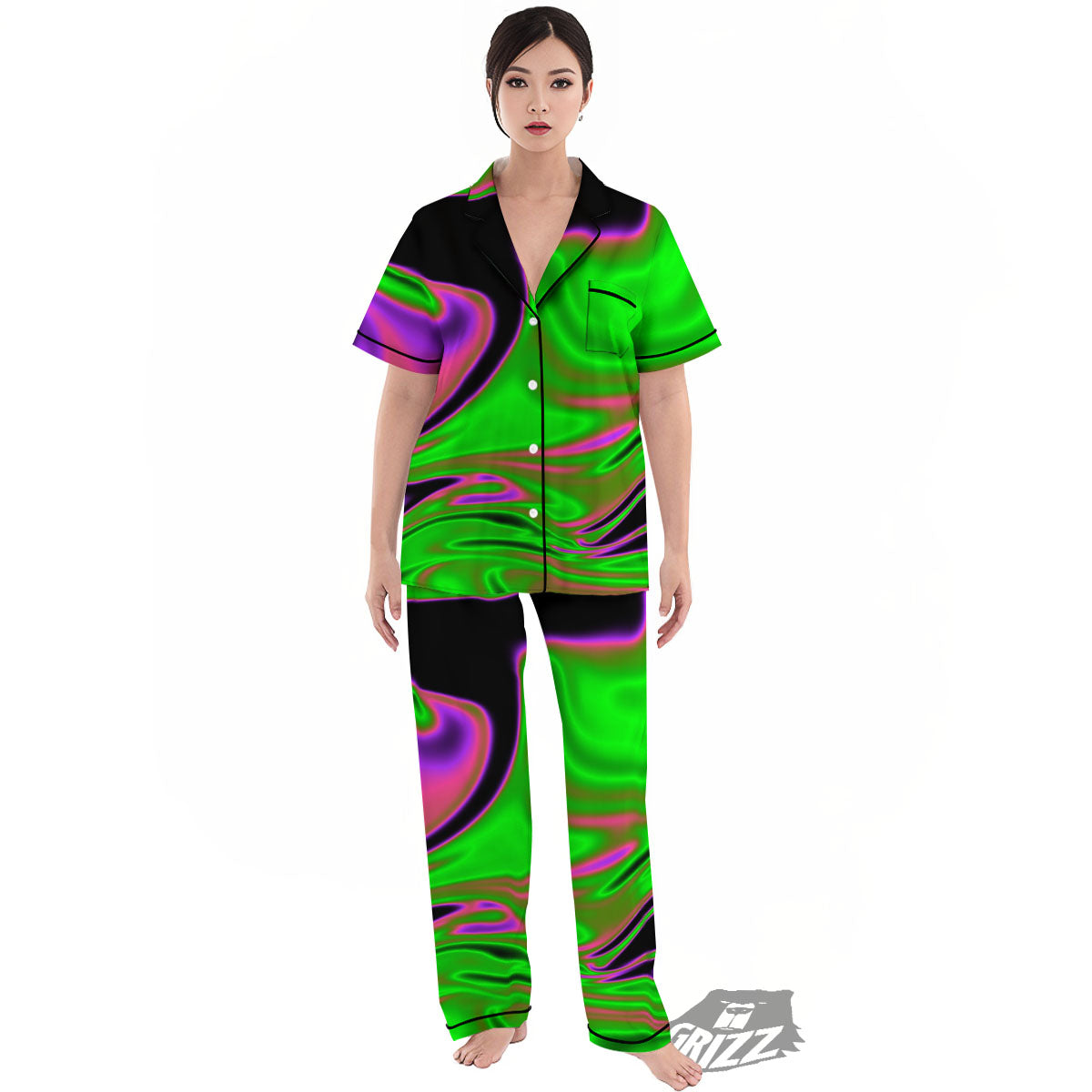 Liquid Trippy Green Abstract Print Women's Pajamas Set-grizzshop