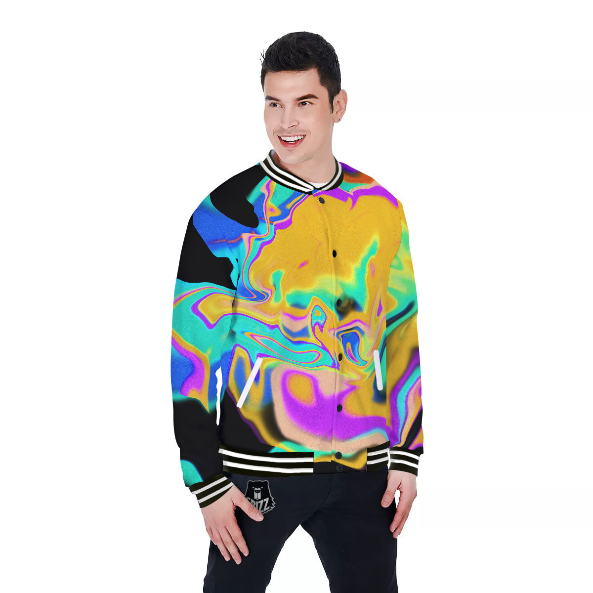 Liquid Trippy Holographic Neon Print Baseball Jacket-grizzshop