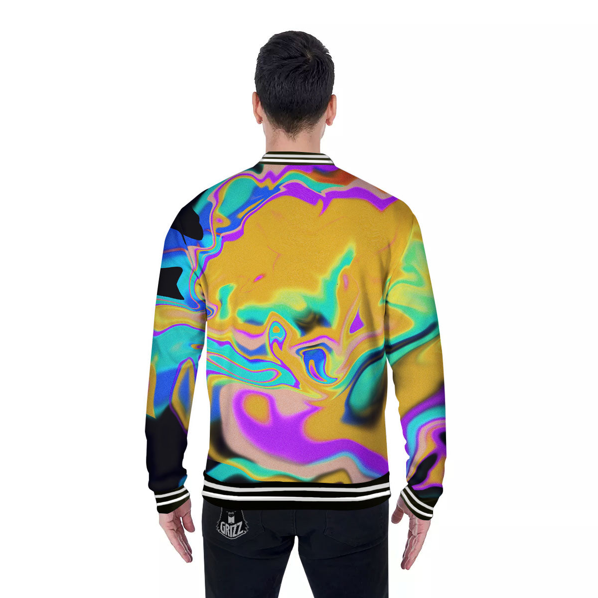 Liquid Trippy Holographic Neon Print Baseball Jacket-grizzshop