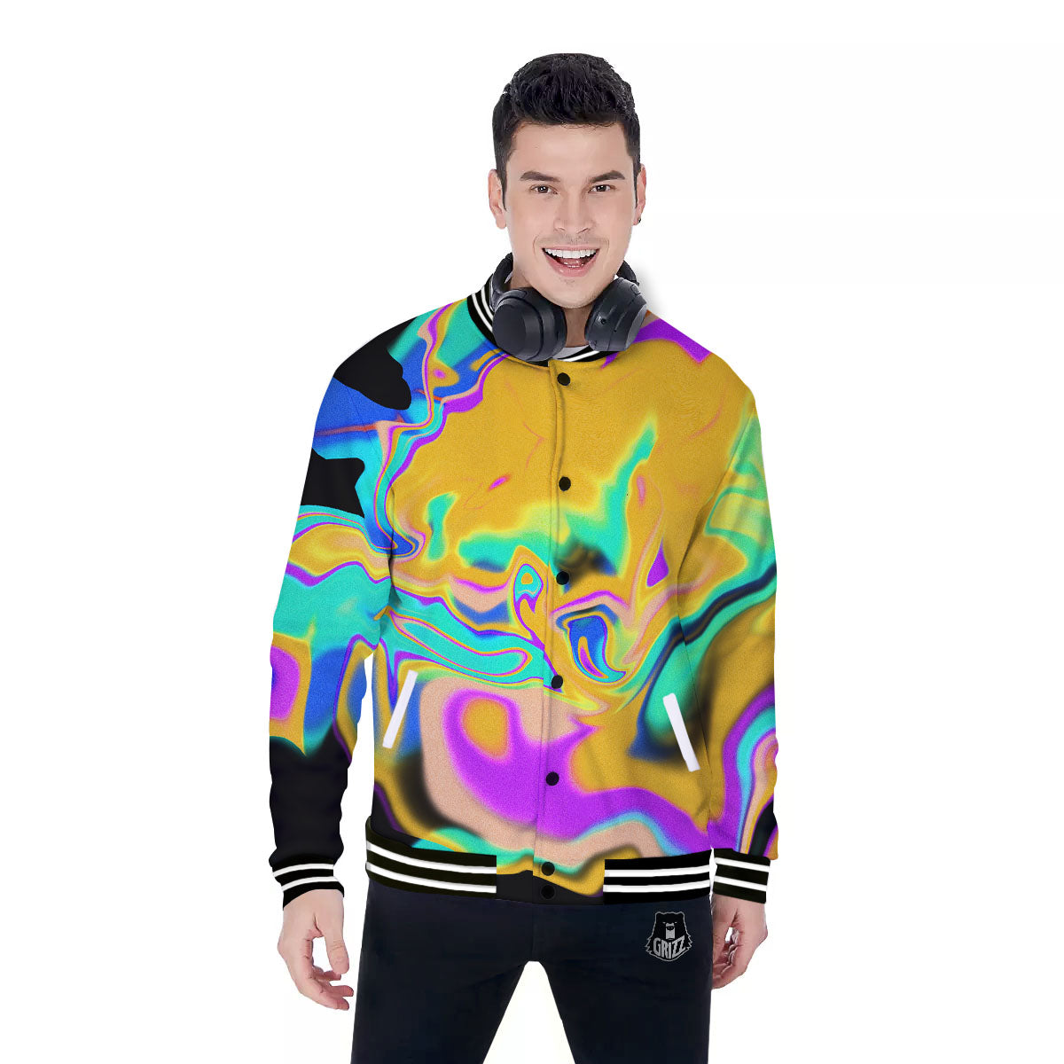 Liquid Trippy Holographic Neon Print Baseball Jacket-grizzshop