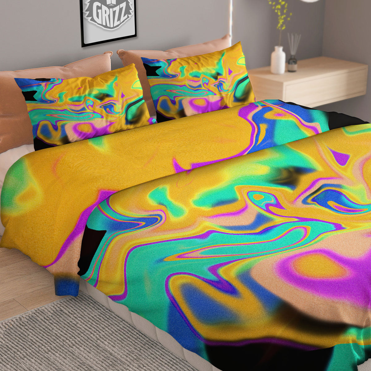 Liquid Trippy Holographic Neon Print Duvet Cover Bedding Set