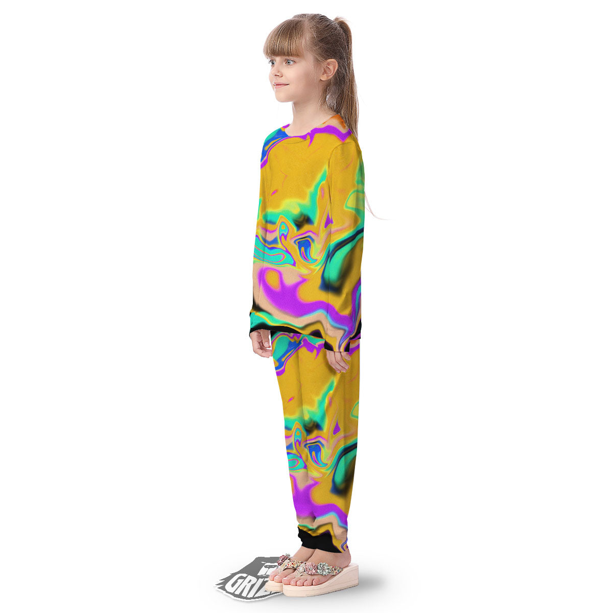 Liquid Trippy Holographic Neon Print Kid's Pajamas-grizzshop