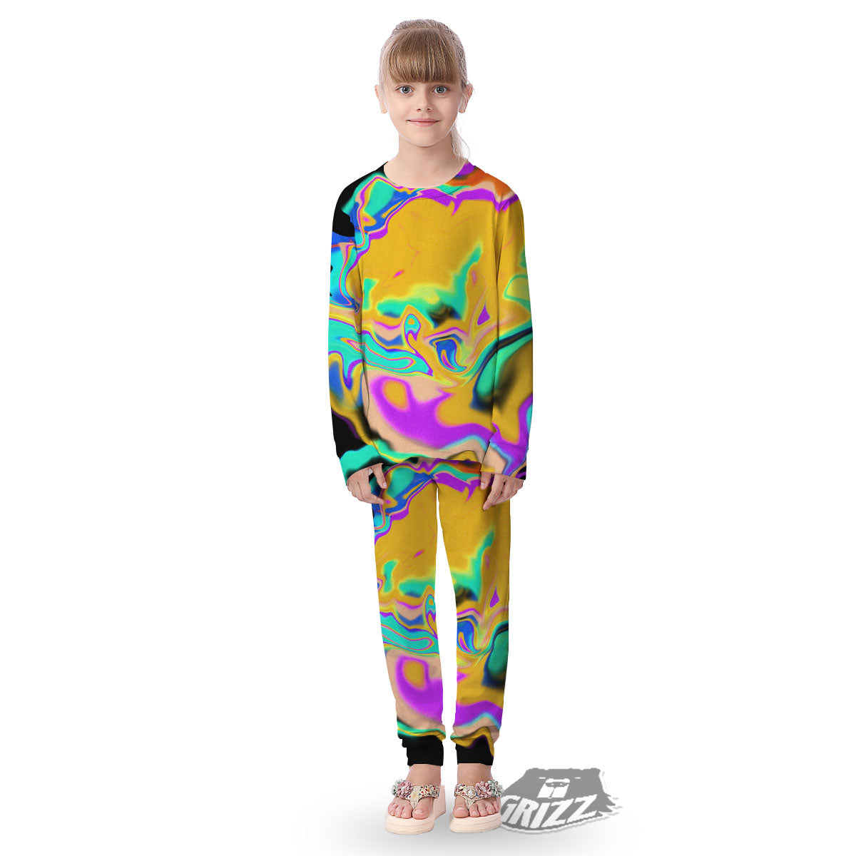 Liquid Trippy Holographic Neon Print Kid's Pajamas-grizzshop