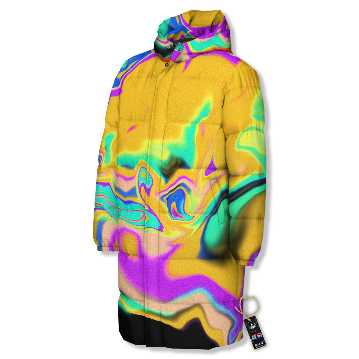 Liquid Trippy Holographic Neon Print Long Down Jacket-grizzshop