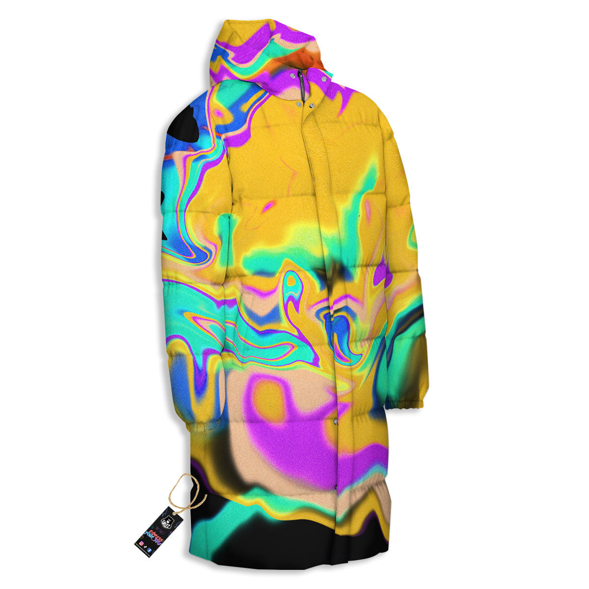 Liquid Trippy Holographic Neon Print Long Down Jacket-grizzshop