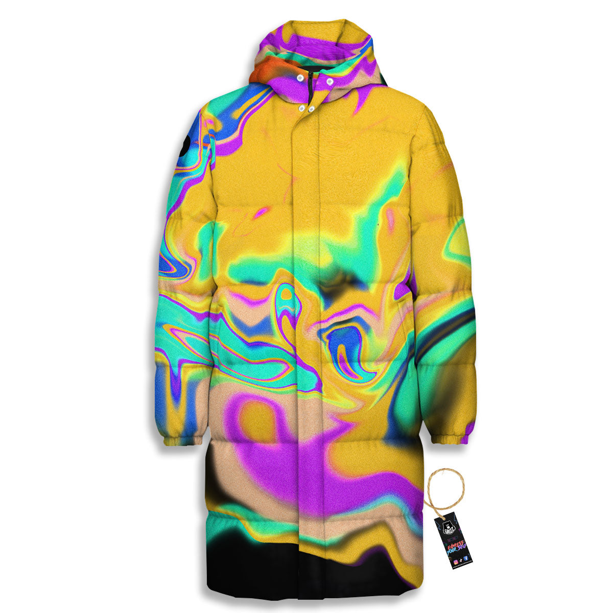 Liquid Trippy Holographic Neon Print Long Down Jacket-grizzshop