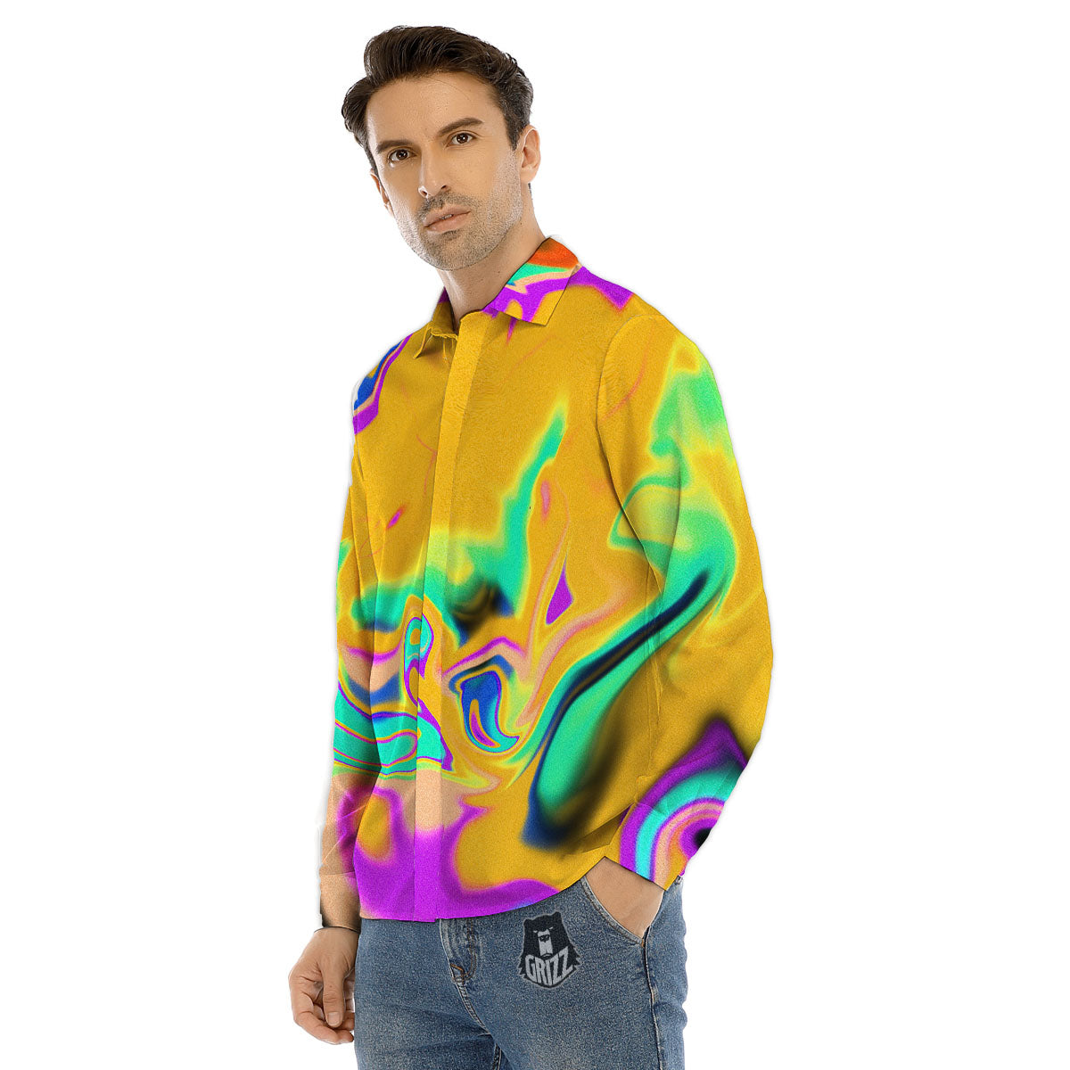 Liquid Trippy Holographic Neon Print Men's Dress Shirts-grizzshop