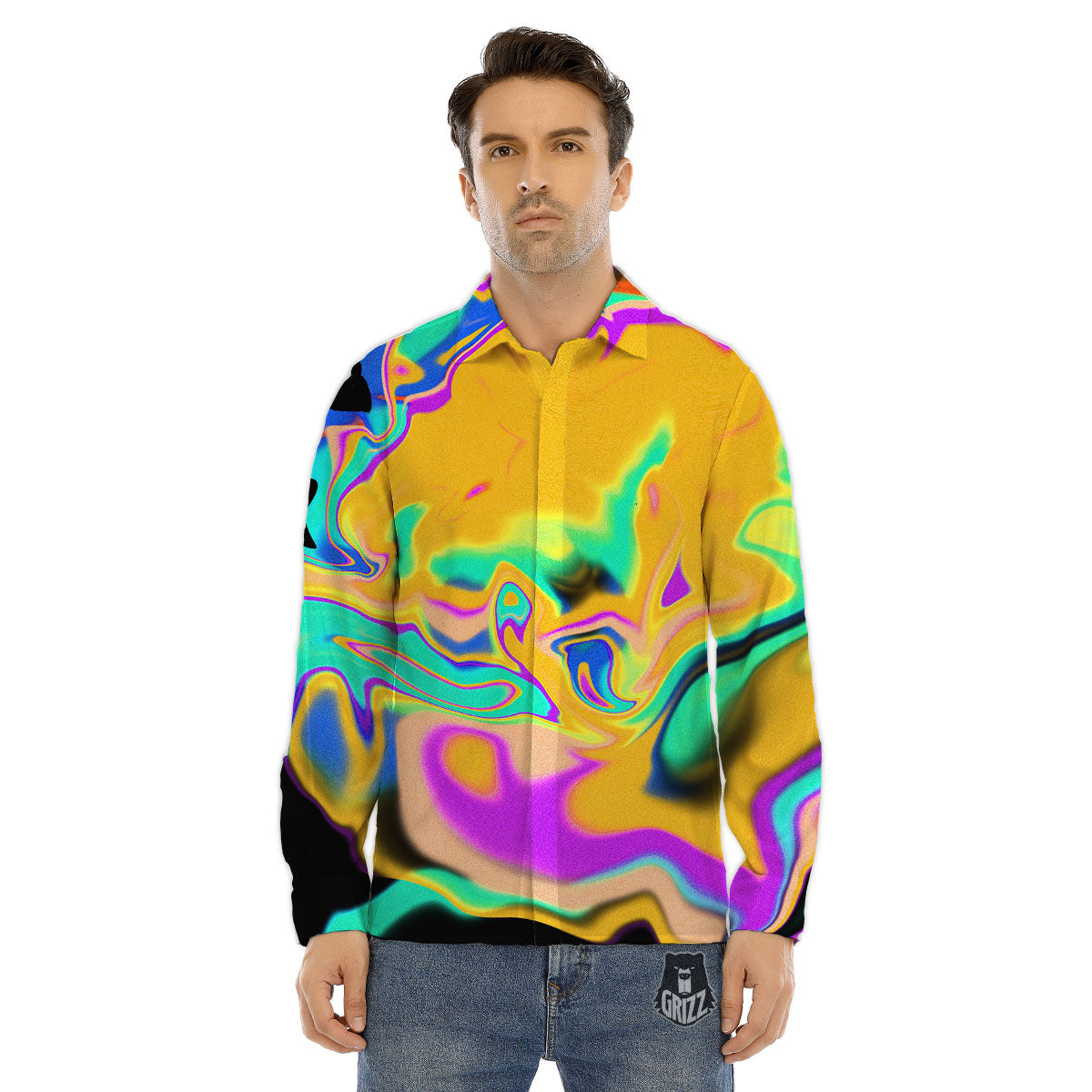 Liquid Trippy Holographic Neon Print Men's Dress Shirts-grizzshop