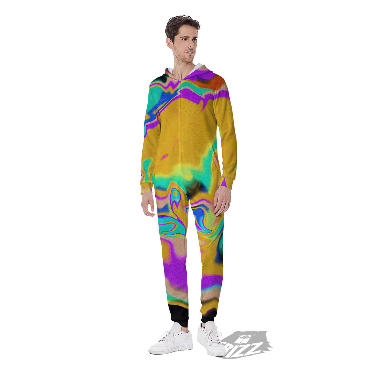 Liquid Trippy Holographic Neon Print Men's Jumpsuit-grizzshop