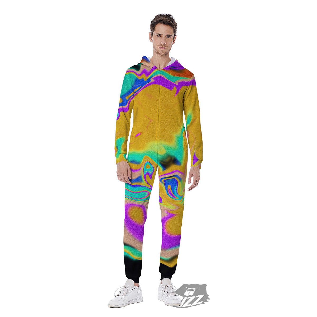 Liquid Trippy Holographic Neon Print Men's Jumpsuit-grizzshop