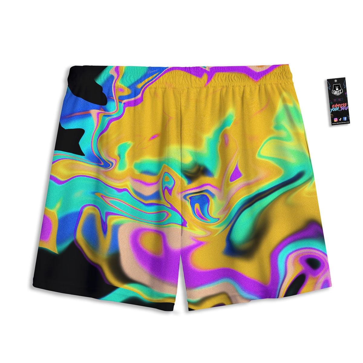 Liquid Trippy Holographic Neon Print Mesh Shorts