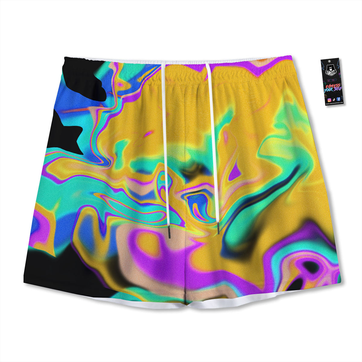 Liquid Trippy Holographic Neon Print Mesh Shorts