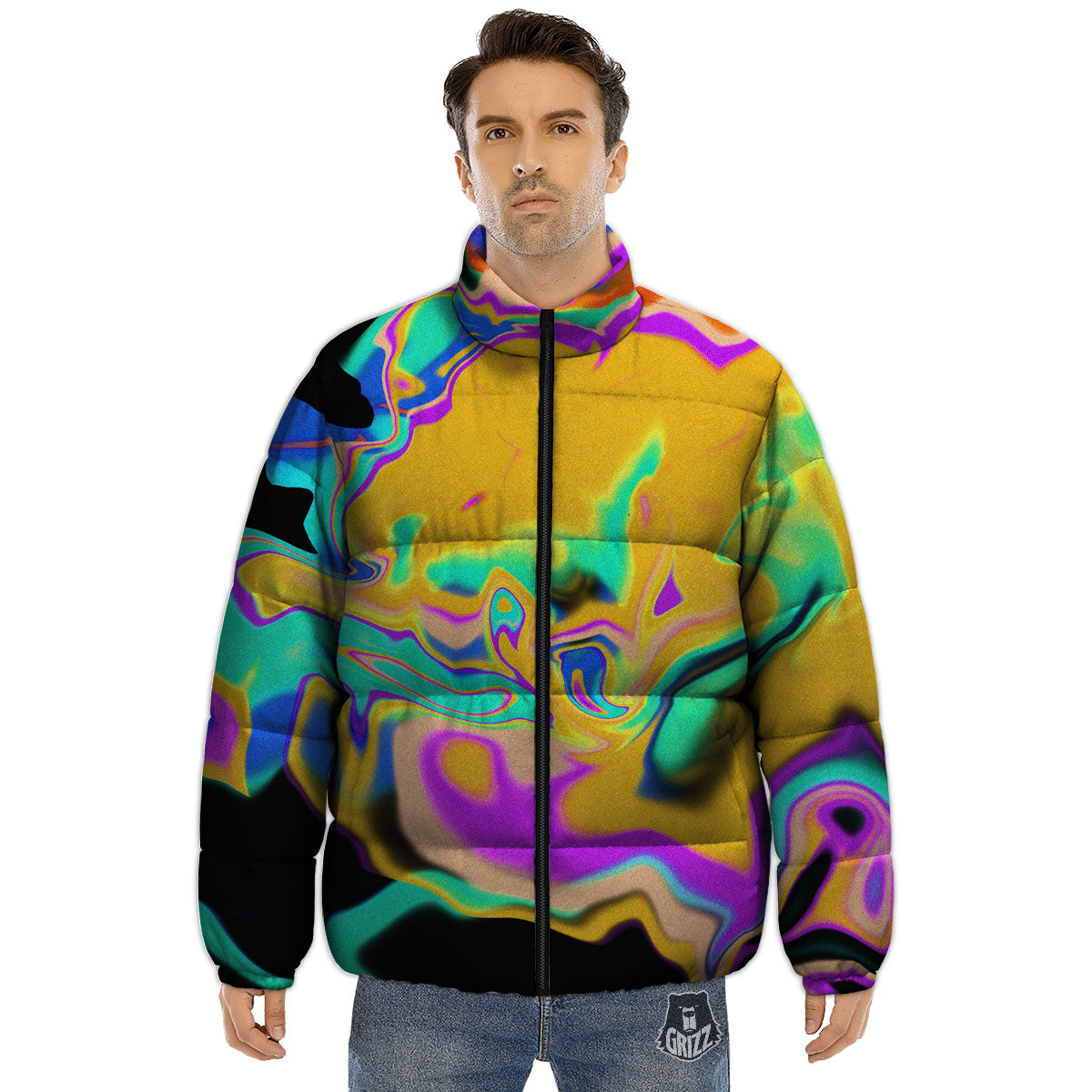 Liquid Trippy Holographic Neon Print Puffer Jacket-grizzshop