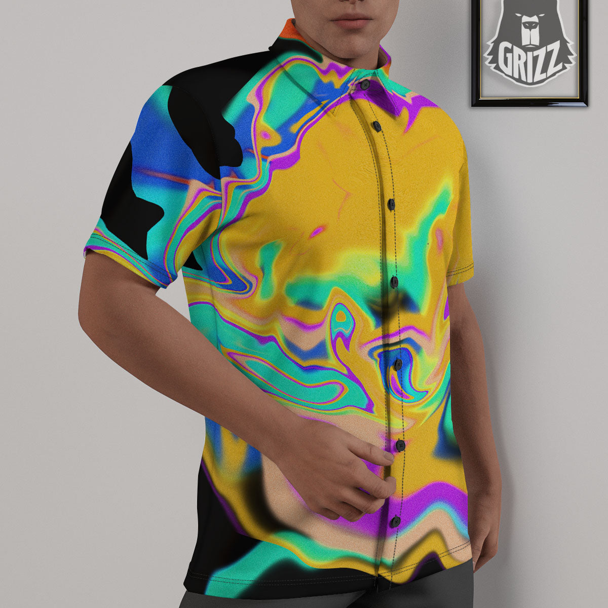 Liquid Trippy Holographic Neon Print Untucked Shirts-grizzshop