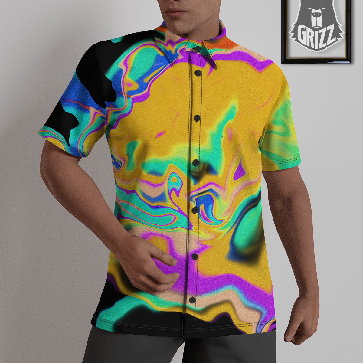 Liquid Trippy Holographic Neon Print Untucked Shirts-grizzshop