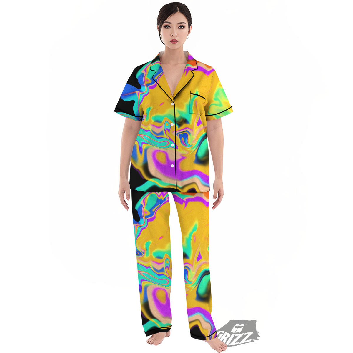 Liquid Trippy Holographic Neon Print Women's Pajamas Set-grizzshop