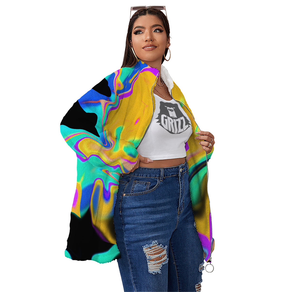 Liquid Trippy Holographic Neon Print Women's Sherpa Jacket-grizzshop
