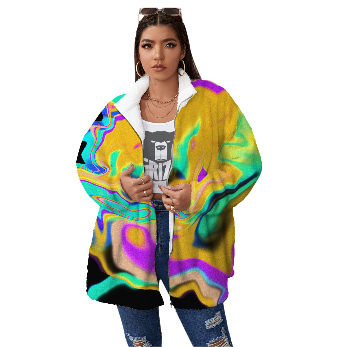 Liquid Trippy Holographic Neon Print Women's Sherpa Jacket-grizzshop