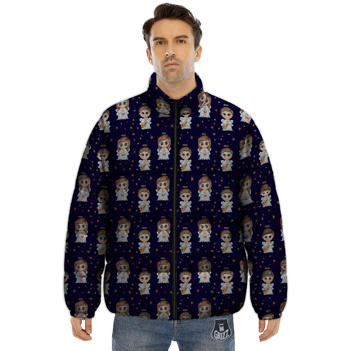 Little Angel Print Pattern Puffer Jacket-grizzshop