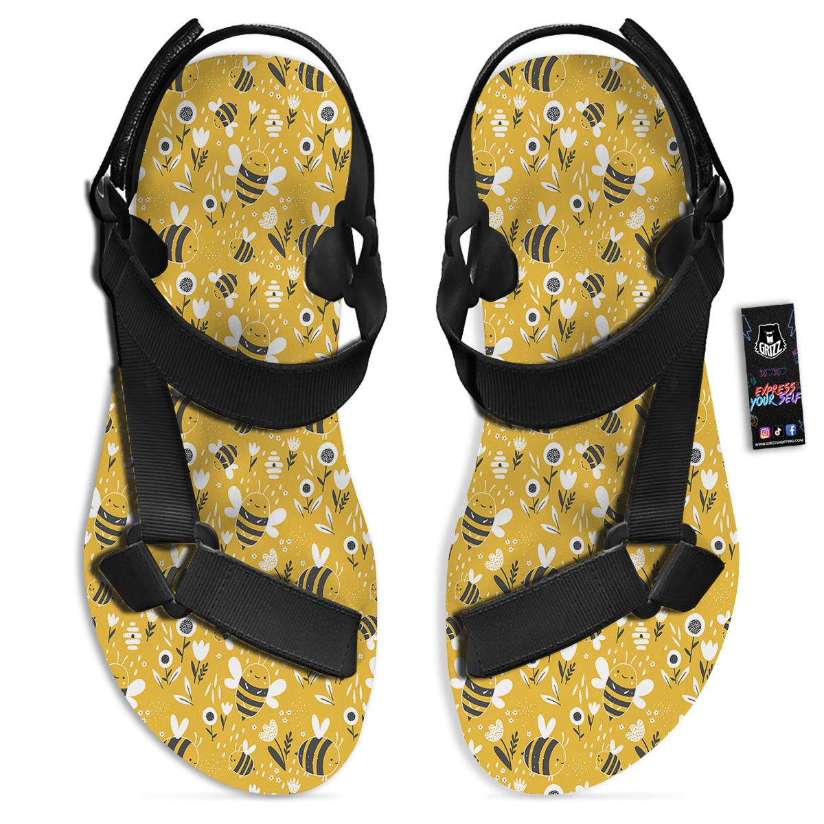 Little Bee Print Pattern Black Open Toe Sandals-grizzshop