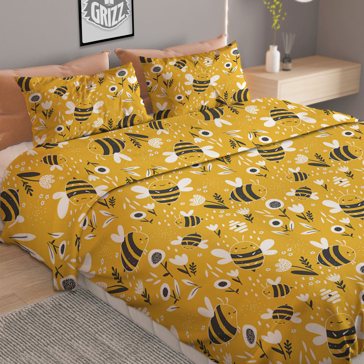 Little Bee Print Pattern Duvet Cover Bedding Set