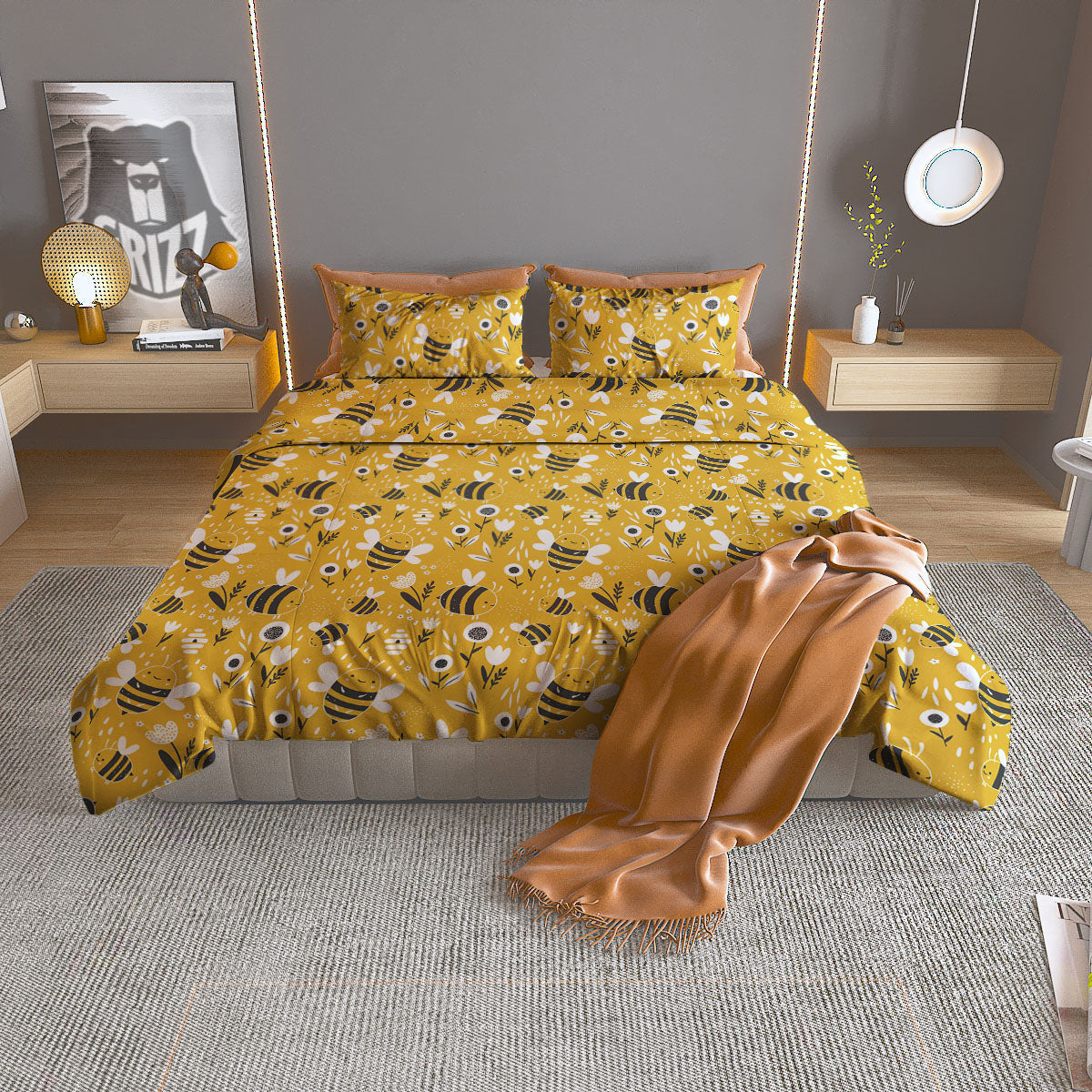 Little Bee Print Pattern Duvet Cover Bedding Set