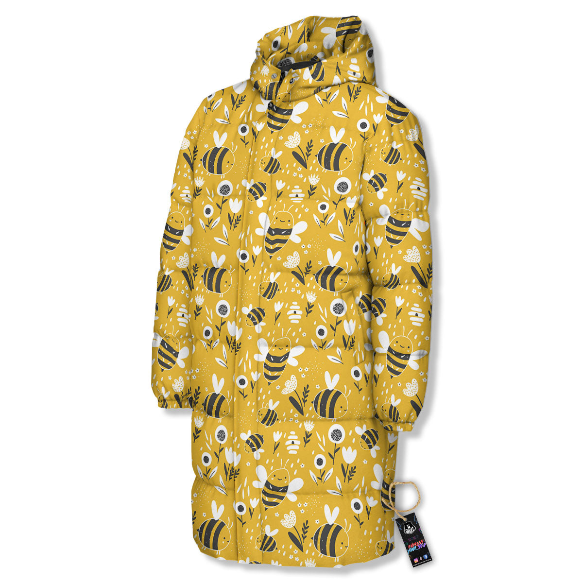 Little Bee Print Pattern Long Down Jacket-grizzshop