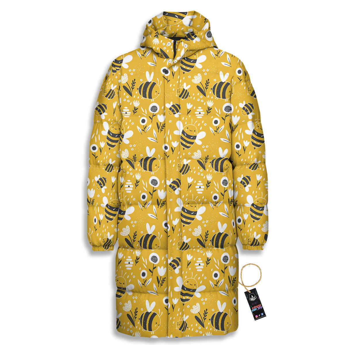 Little Bee Print Pattern Long Down Jacket-grizzshop