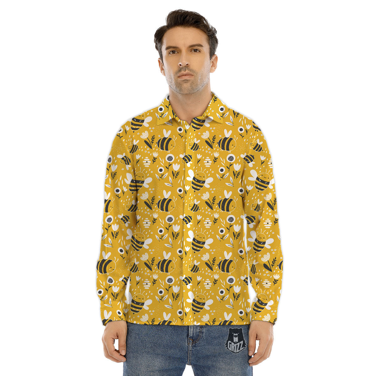 Little Bee Print Pattern Men's Dress Shirts-grizzshop