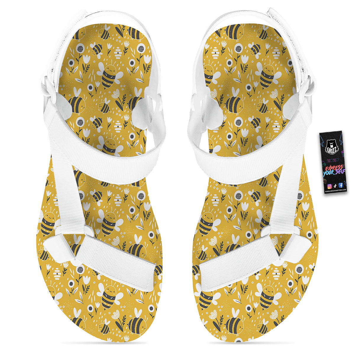 Little Bee Print Pattern White Open Toe Sandals-grizzshop