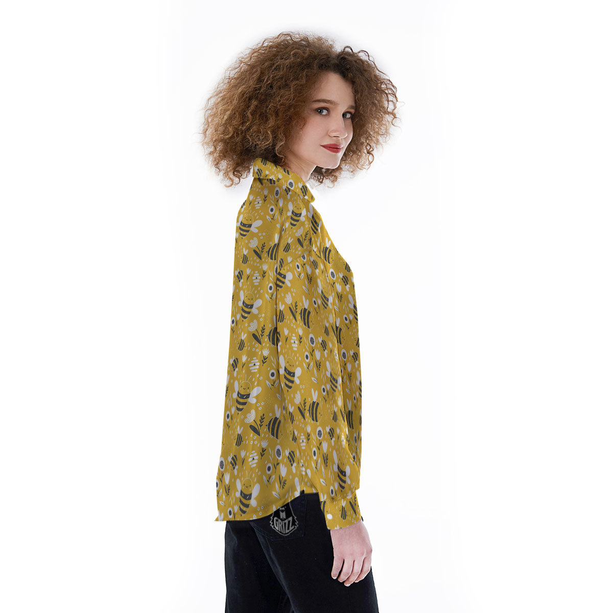 Little Bee Print Pattern Women's Long Sleeve Shirts-grizzshop