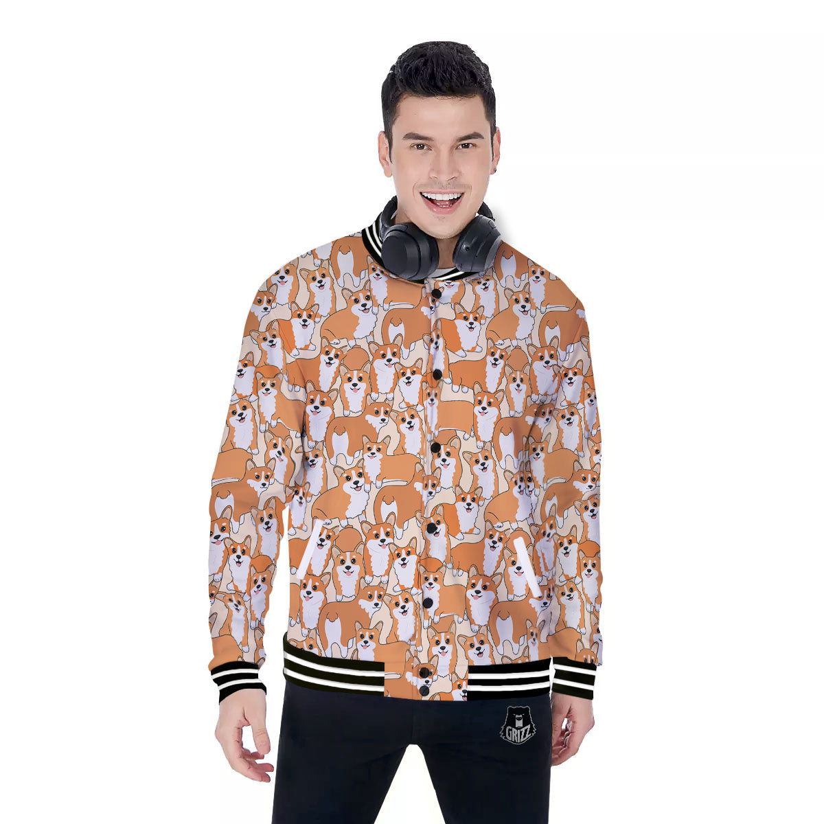 Little Corgi Print Pattern Baseball Jacket-grizzshop