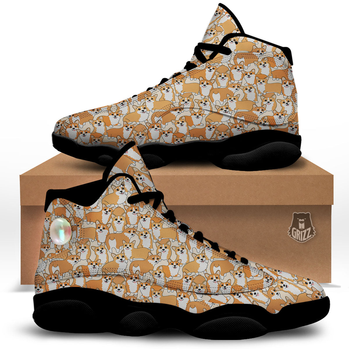 Little Corgi Print Pattern Black Basketball Shoes-grizzshop