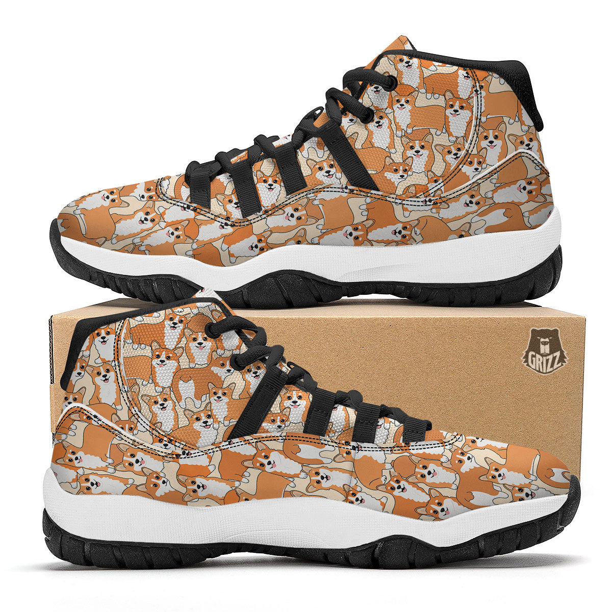 Little Corgi Print Pattern Black Bball Shoes-grizzshop