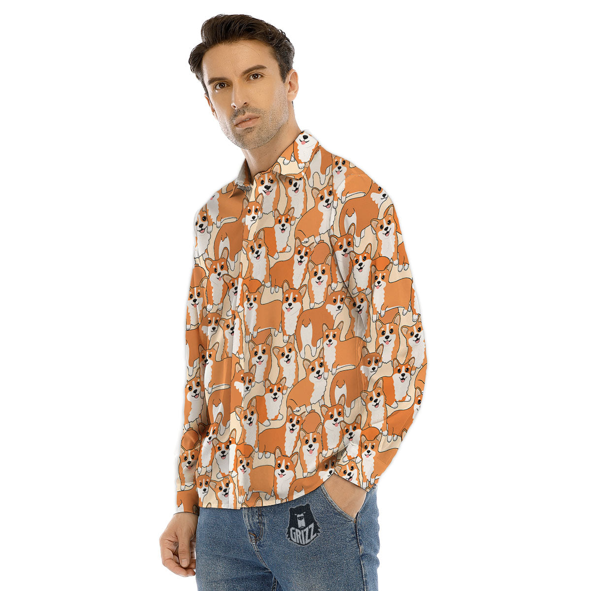 Little Corgi Print Pattern Men's Dress Shirts-grizzshop